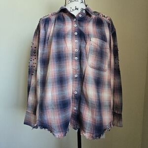 Free People Flannel Shirt Womens XS Studded Plaid Fringe Western